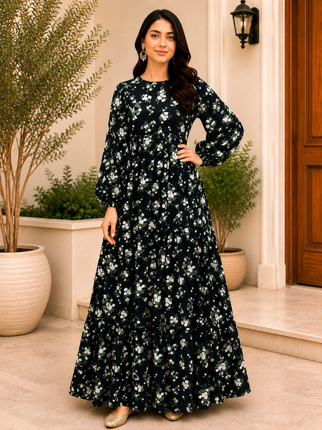 3 Frill Long Maxi Black Floral