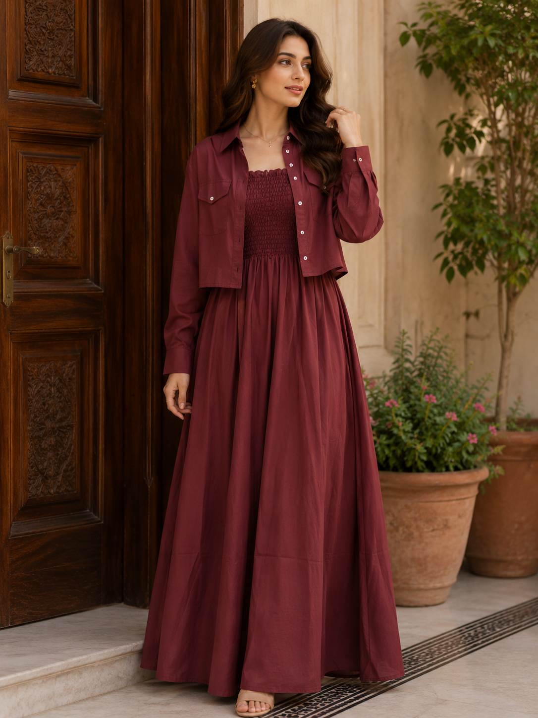 2 Pcs Jacket Button Maxi Burgundy Wine