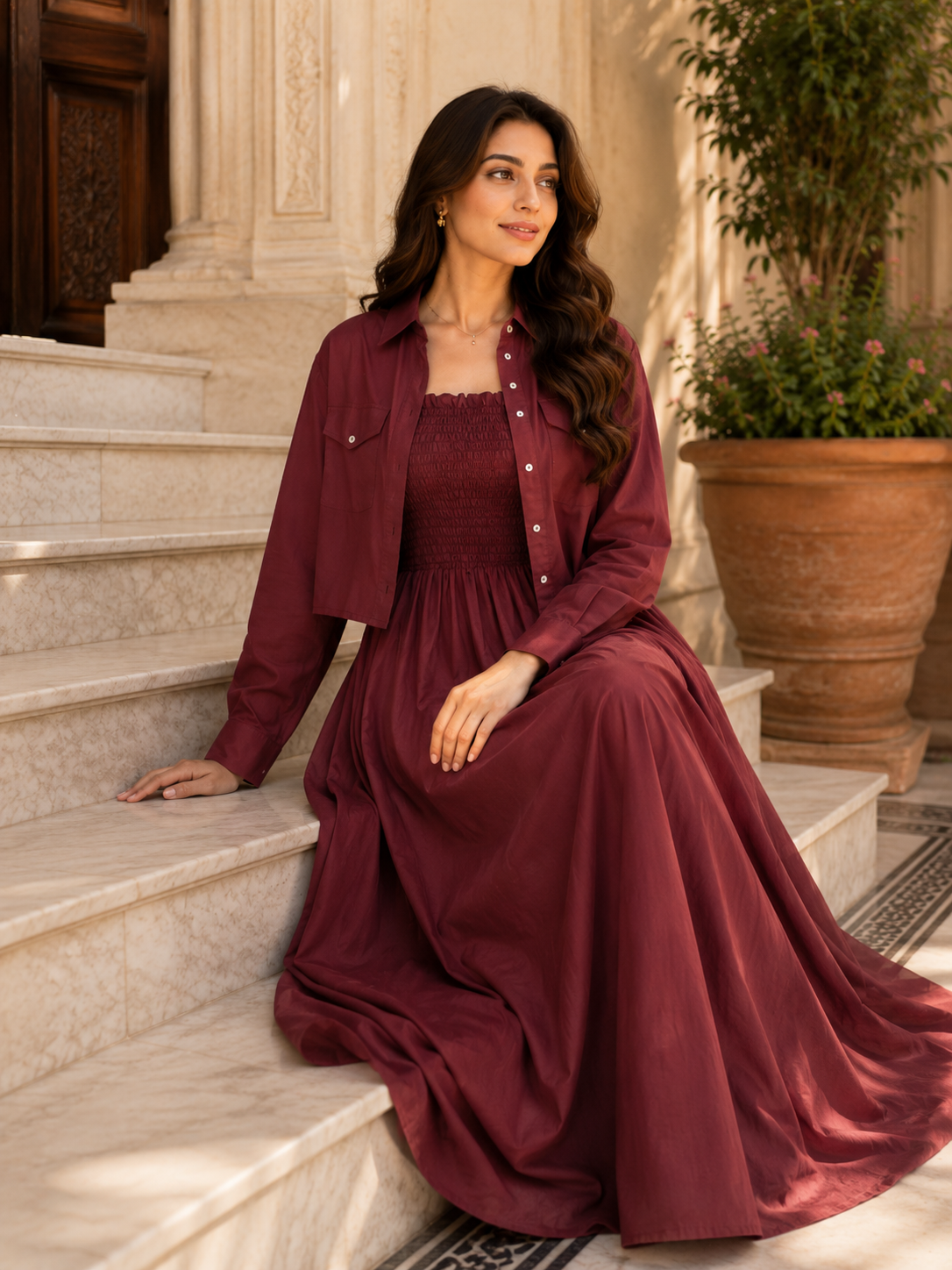 2 Pcs Jacket Button Maxi Burgundy Wine