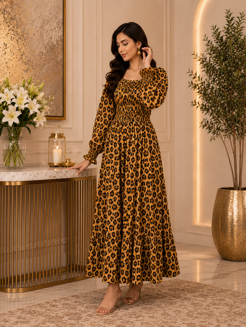 Long Leopard Smocked maxi