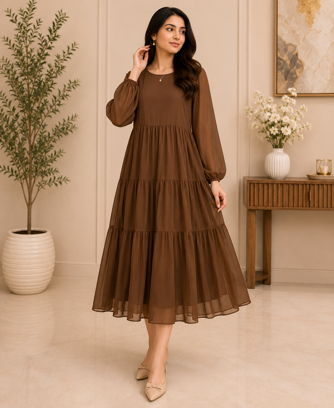 3 Frill Mid-Short Chocolate Brown