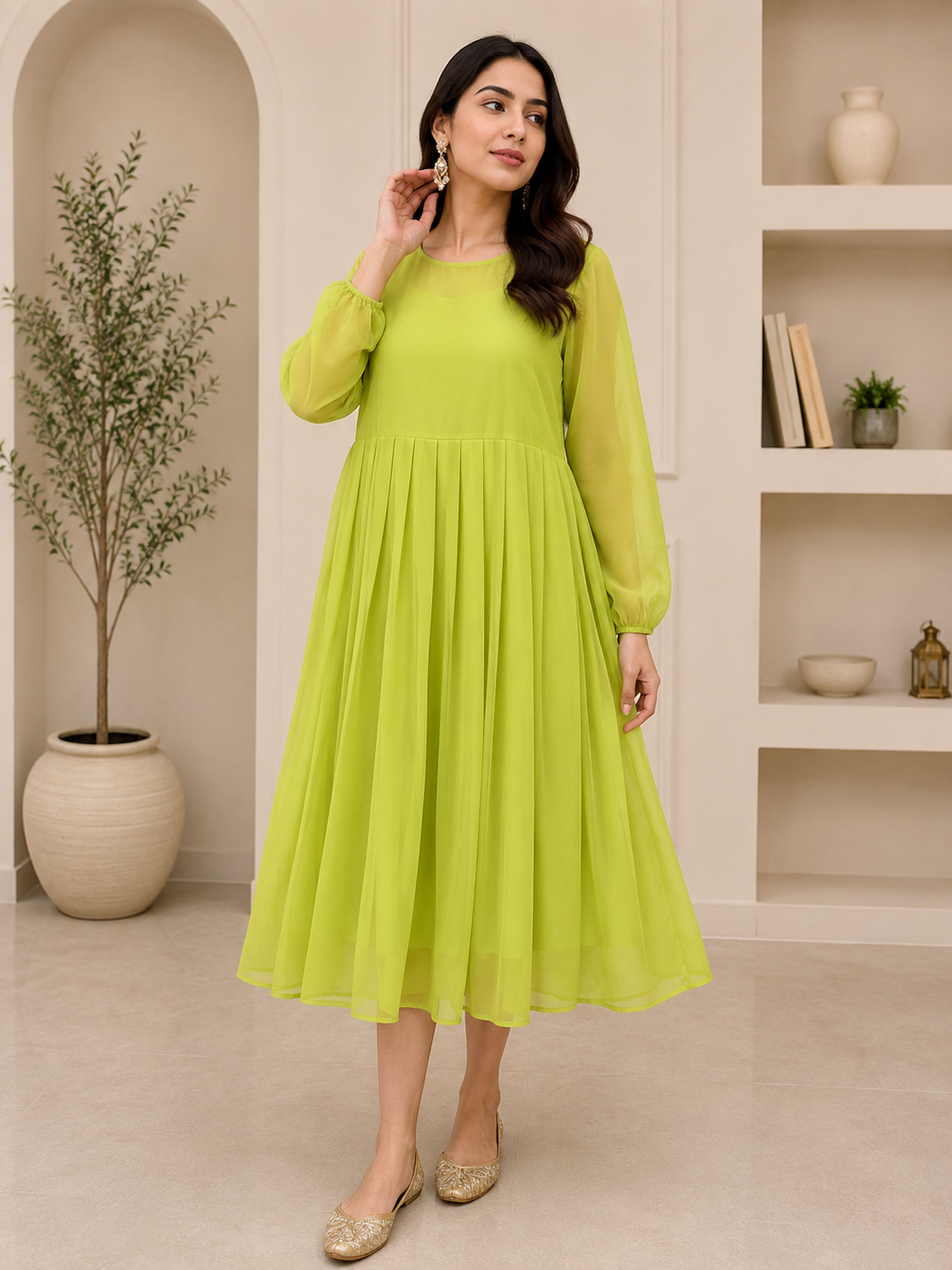 Mid-Short Lime Luxe Pleated