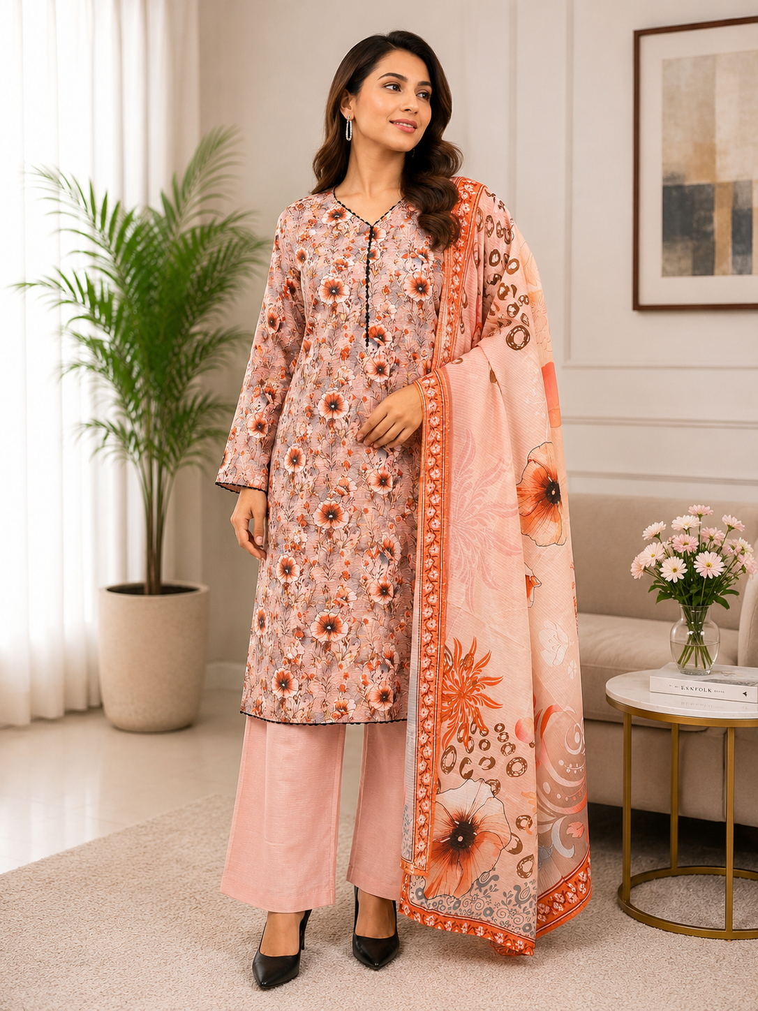 Stitched 3 Piece Lawn Peach