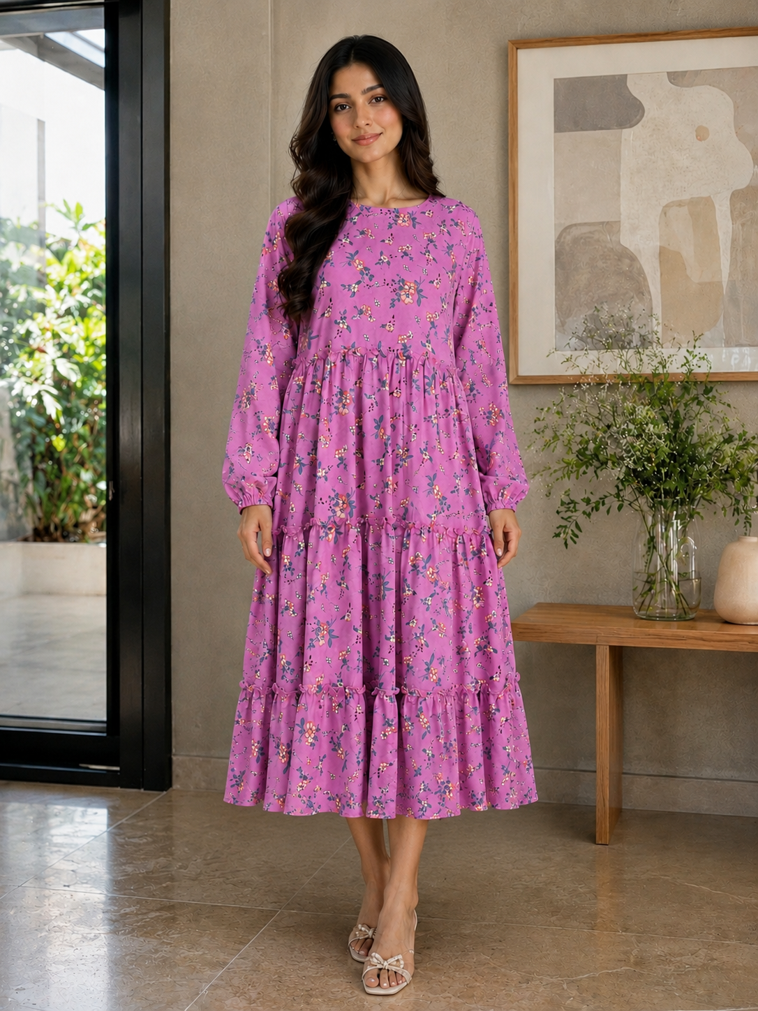 3 Frill Mid-short Baby Pink Blush Maxi
