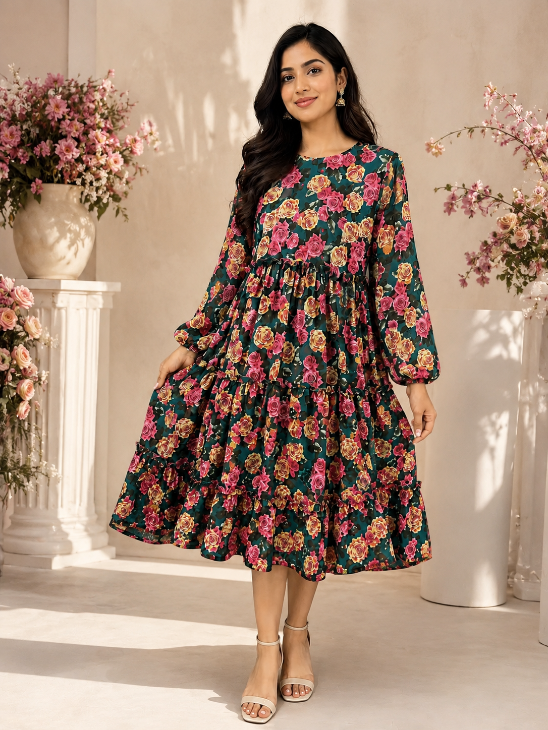 3 Frill Mid-Short Dark Garden Maxi