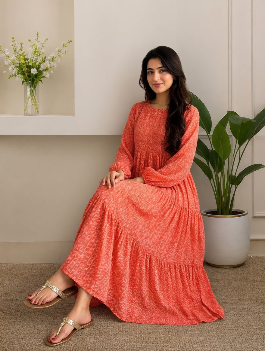 3 Frill Long Maxi Peachy Orange