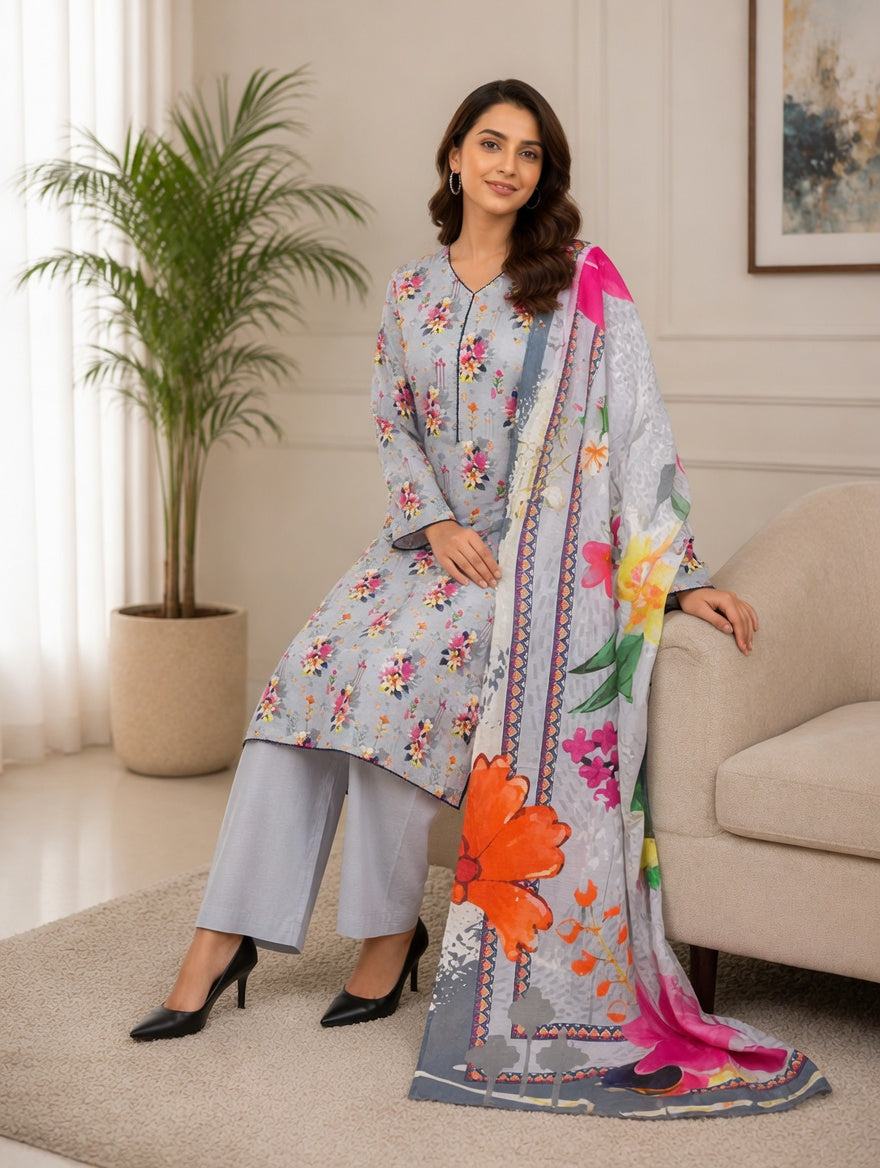 Stitched 3 Piece Lawn Grey