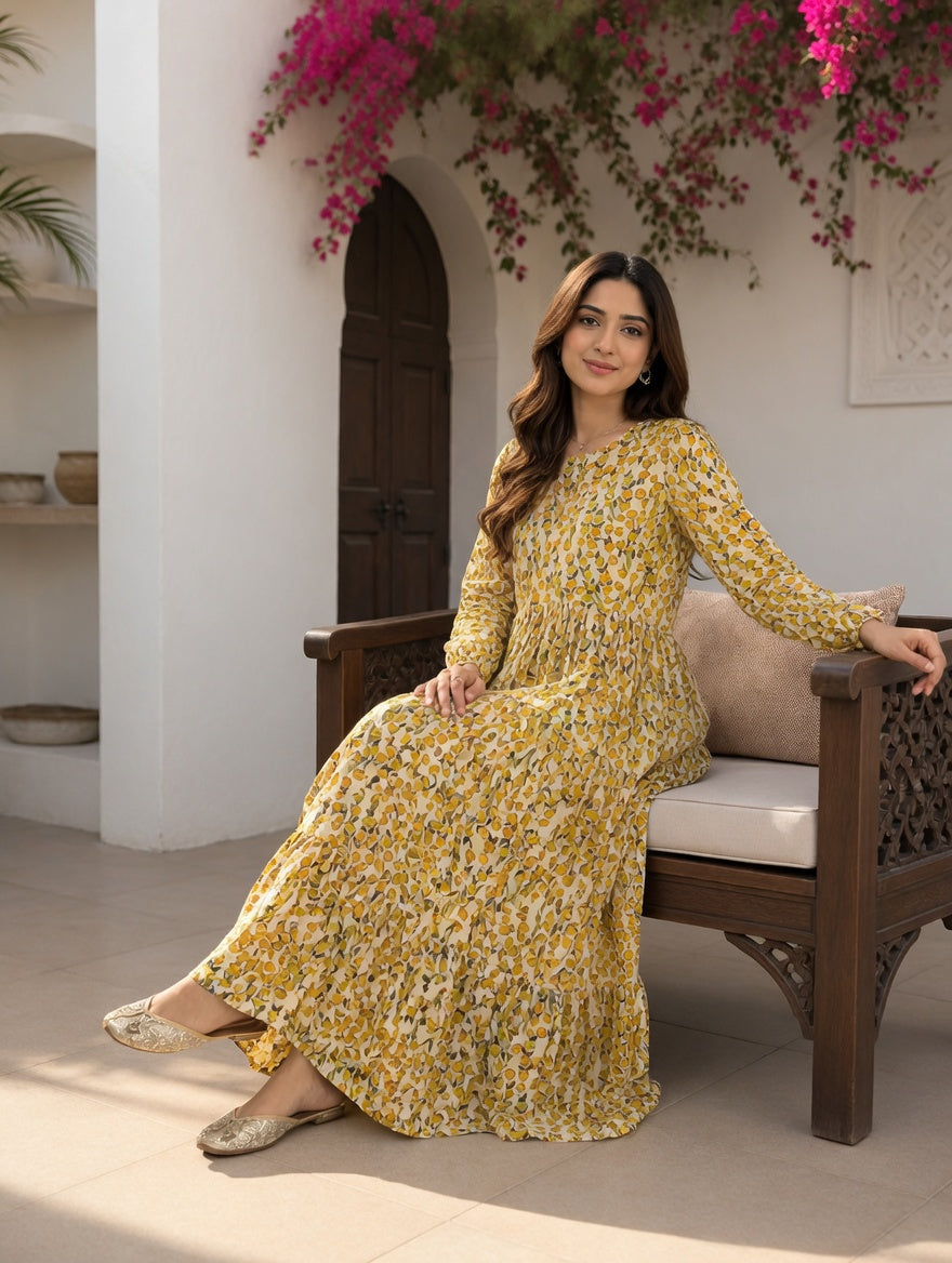3 Frill Long Maxi Honey Gold