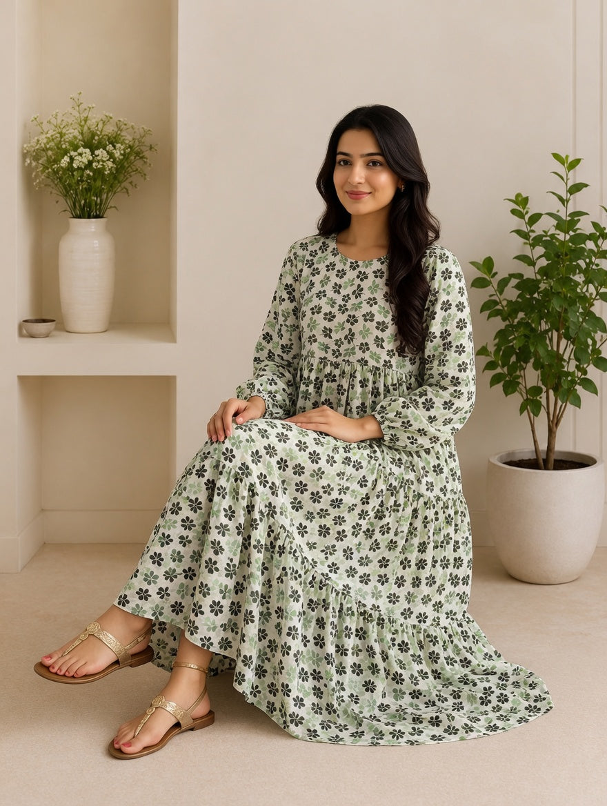 3 Frill Long Maxi Olive Bloom