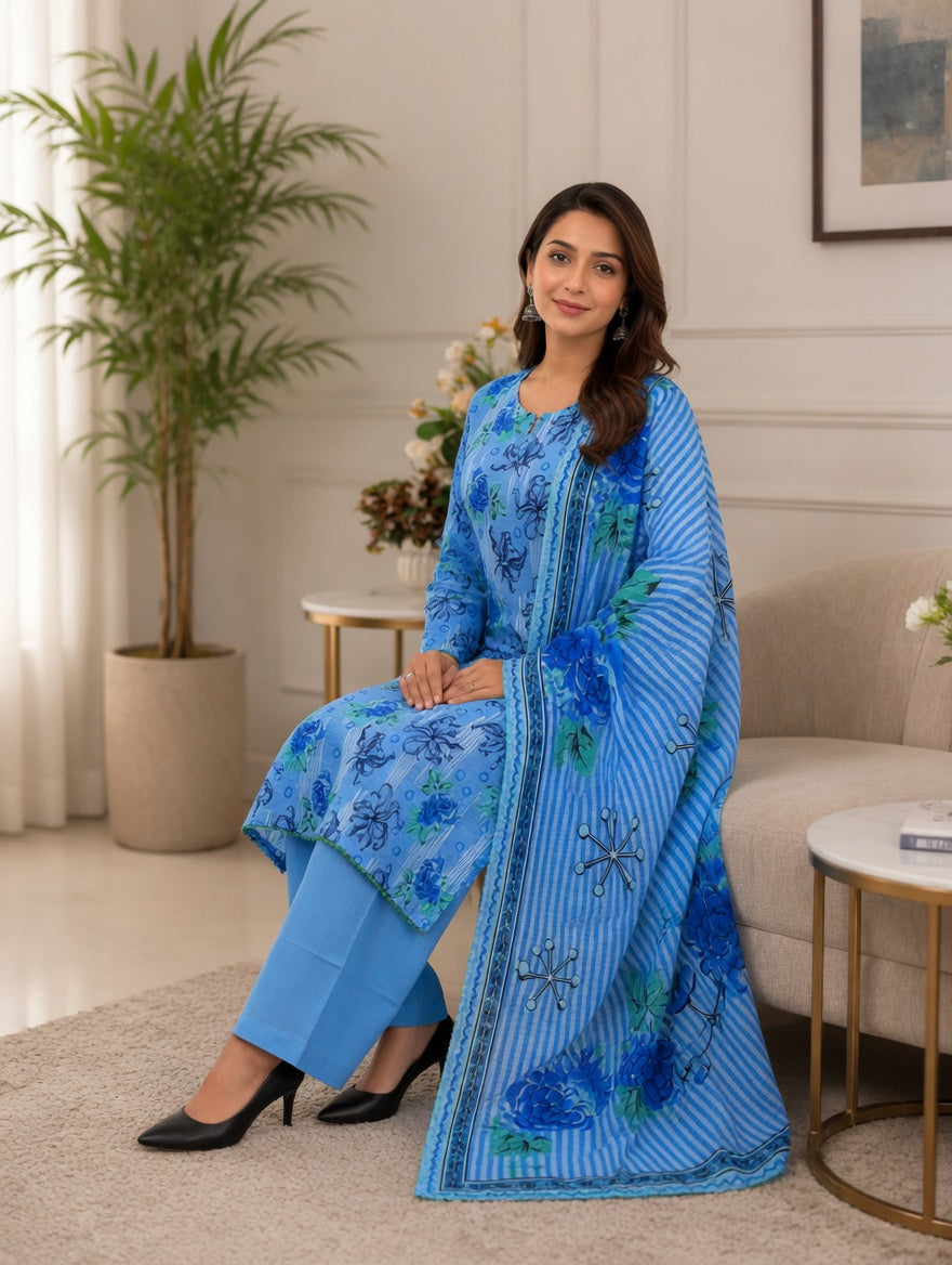 Stitched 3 Piece Lawn Blue
