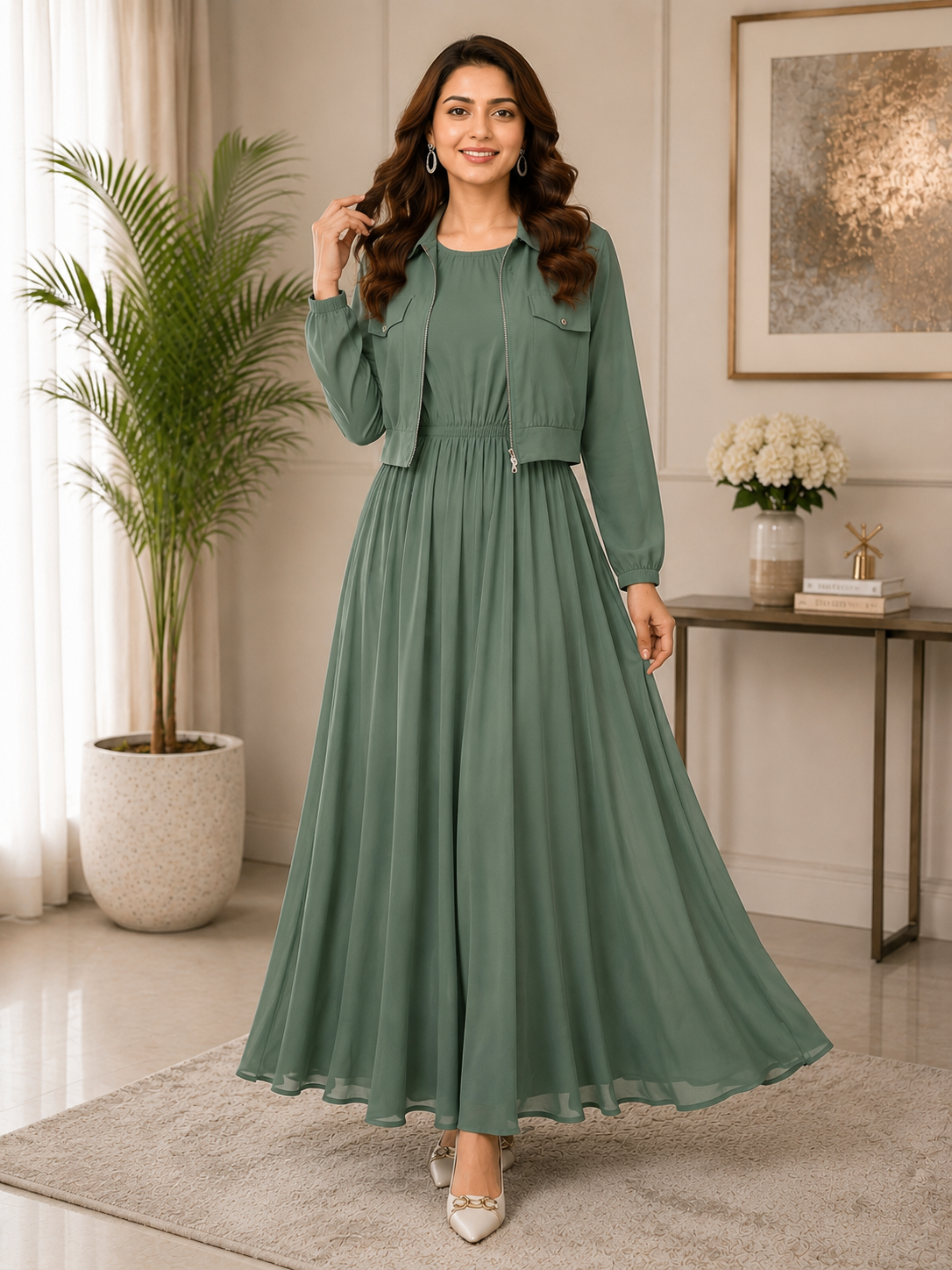 2 Pcs Jacket Zip Maxi Pine Green